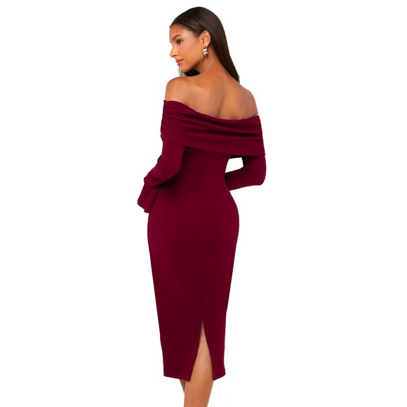 Foldover Off the Shoulder Flounce Sleeve Bodycon midi dress maroon burgundy red - Picture 2 of 11